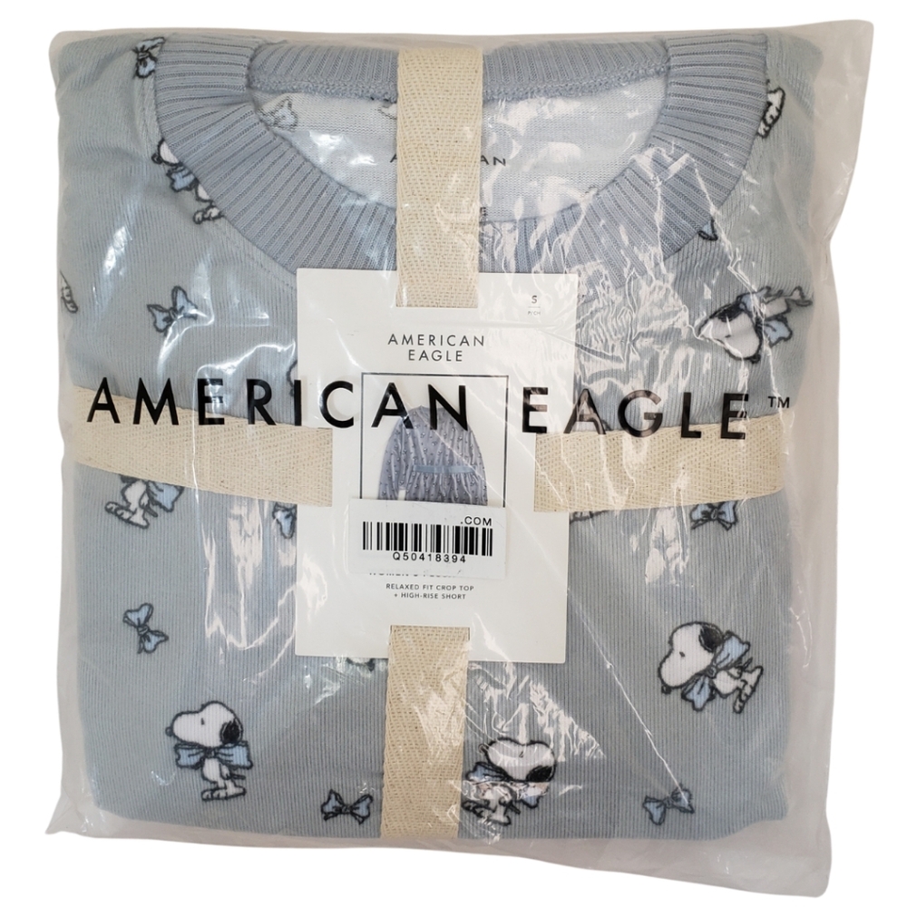 American Eagle Women's Peanuts Bow Plush Shirt & Shorts Pajama Set Blue